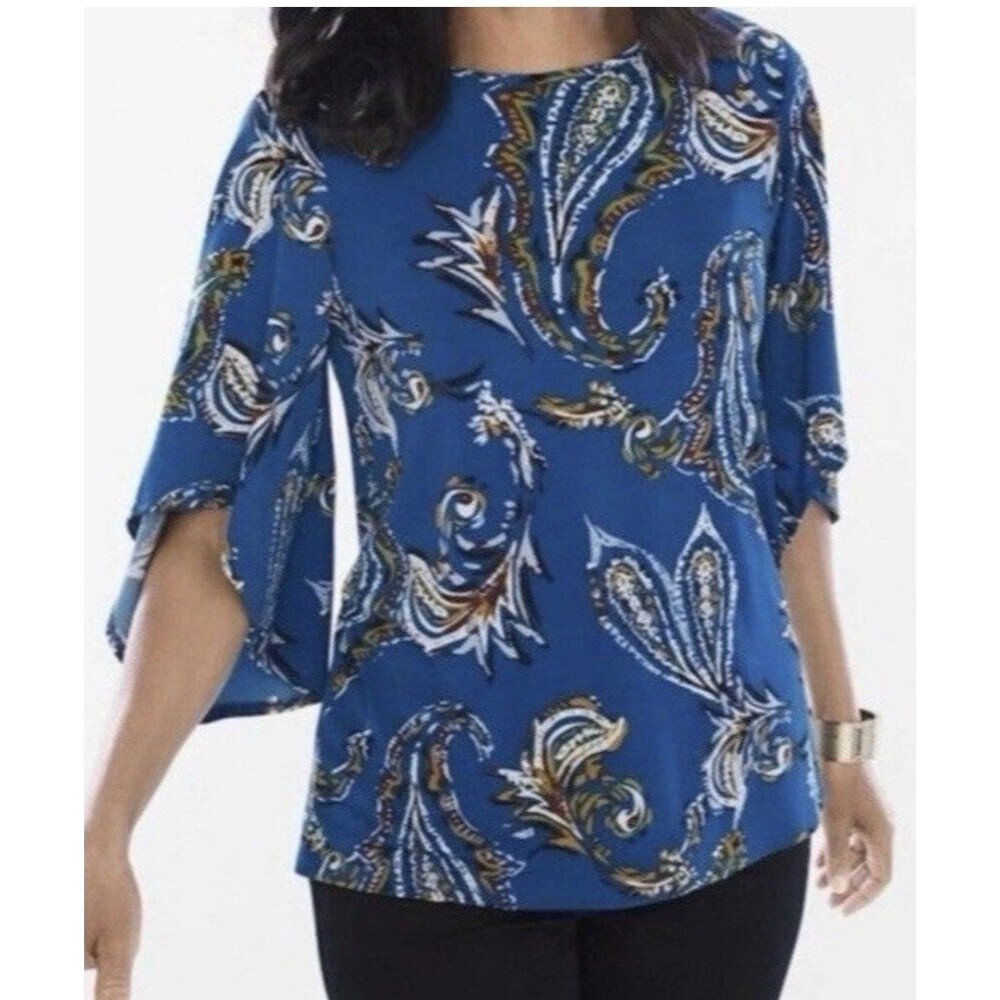 Chico's Top Sz M 1 Blue Paisley 3/4 Slv BOHO Western Jersey Knit Business Casual